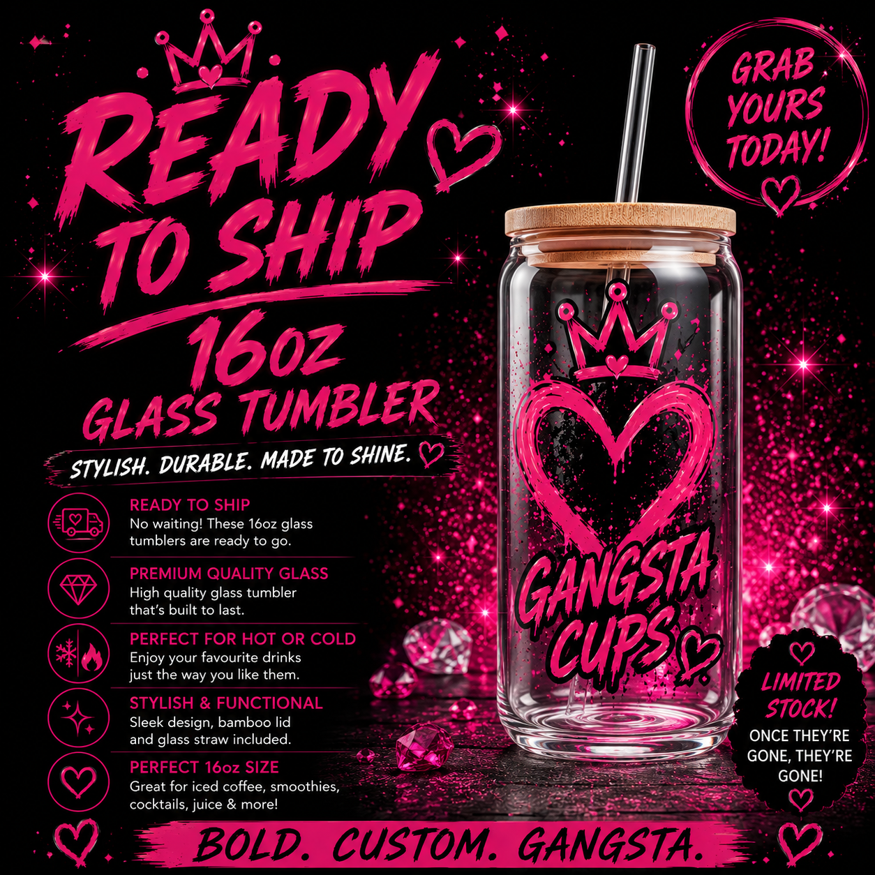 RTS 🚚 16oz Glass Tumblers 🖤🩷